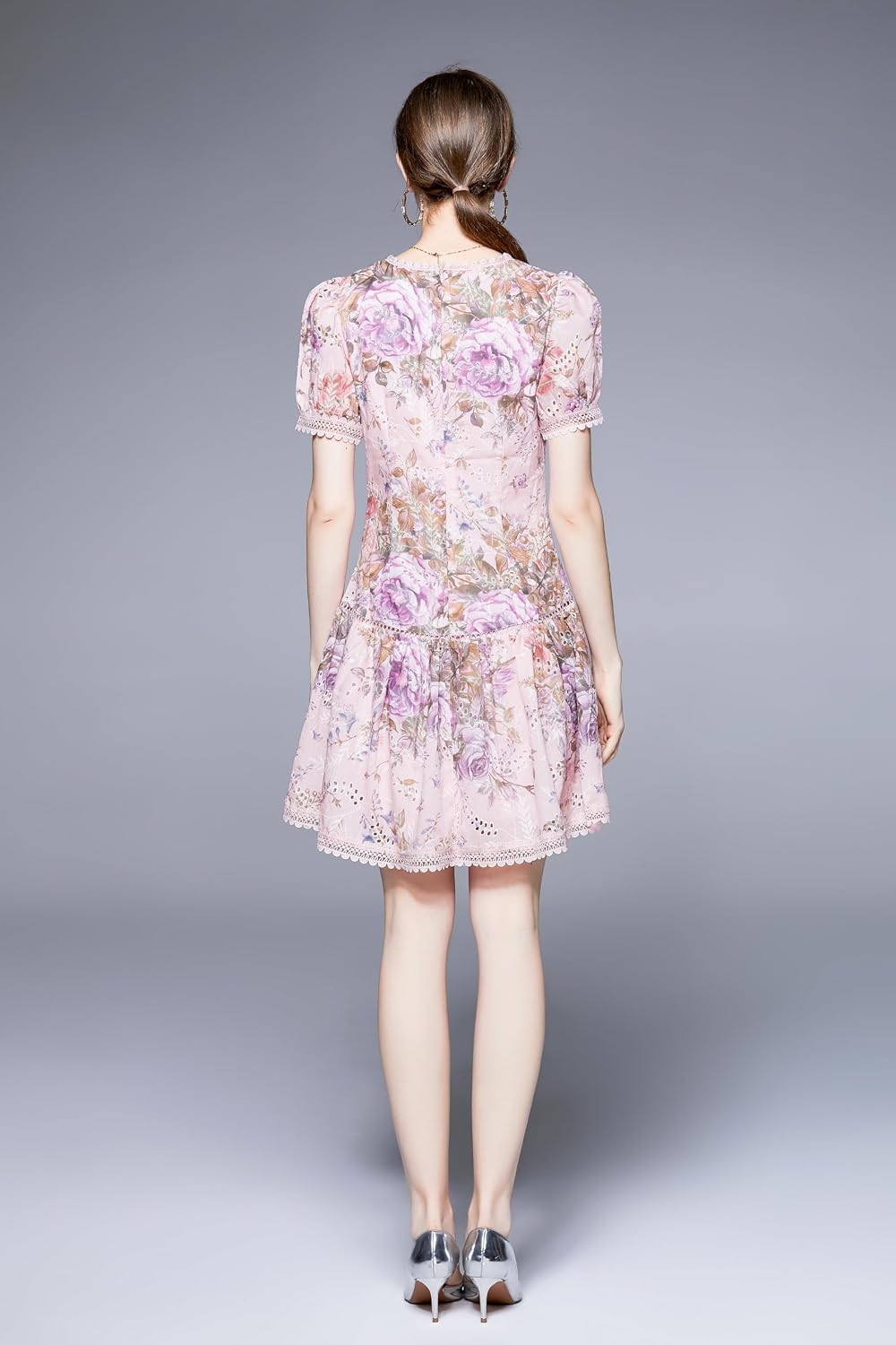 LAI MENG FIVE CATS Women's Floral Mini Dress Puff Sleeve Casual Round Neck Low Waist Ruffle Short Dress