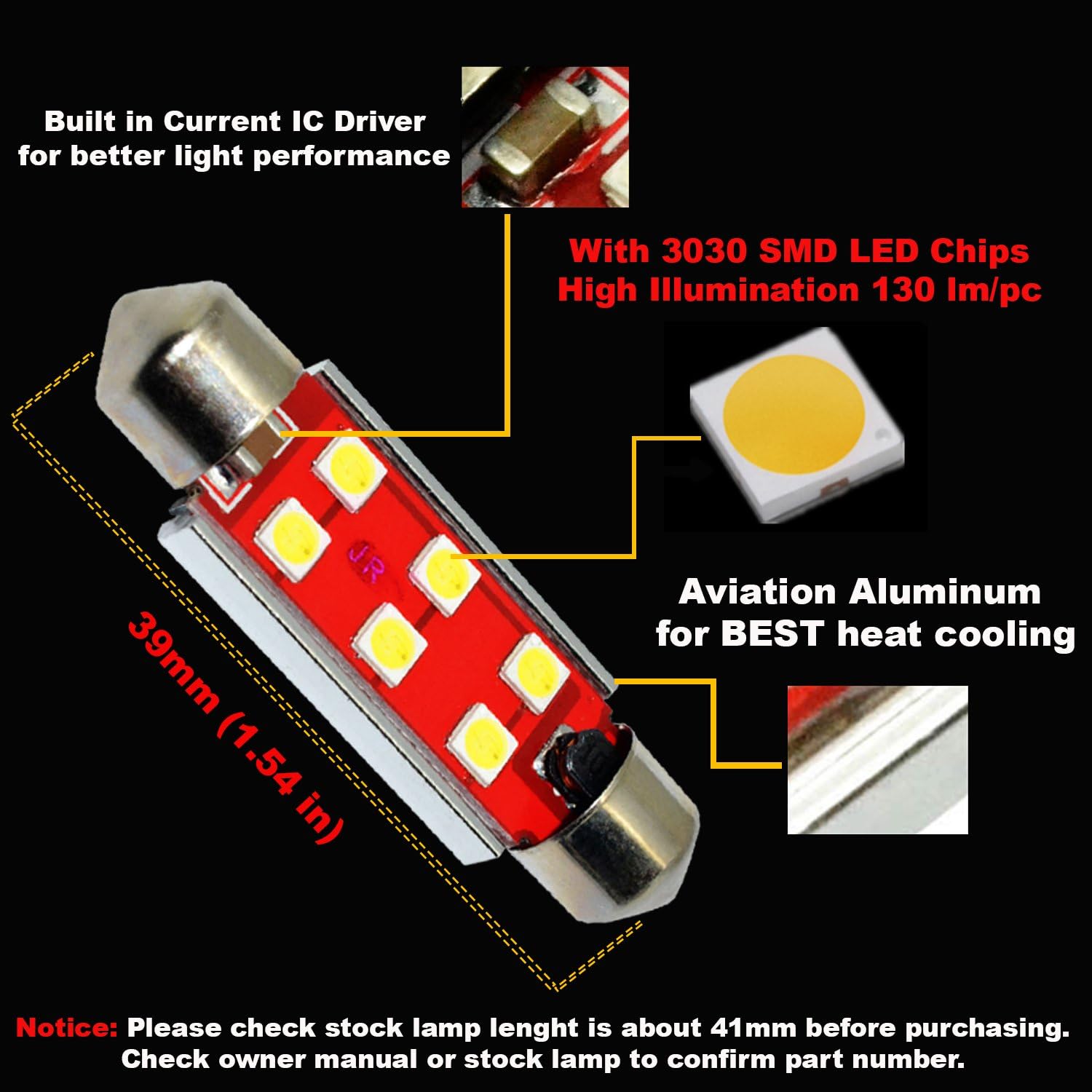 Alla Lighting 800 Lumens 6411 6418 LED Bulbs Extremely Super Bright 6000K White 39mm(1.5") High Power 3030 SMD 6411 6418 DE3423 DE3425 LED Bulbs for Interior Festoon Lamps (Pack of 4) …