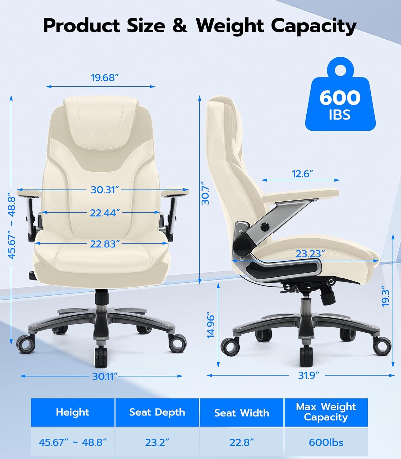Big and Tall Office Chair with 5D Arms, Fabric and PU Leather Ergonomic Executive Home Office Chair with Adjustable Lumbar Support, Heavy Duty Desk Chair with 3'' Silent Casters (Elegant Beige)