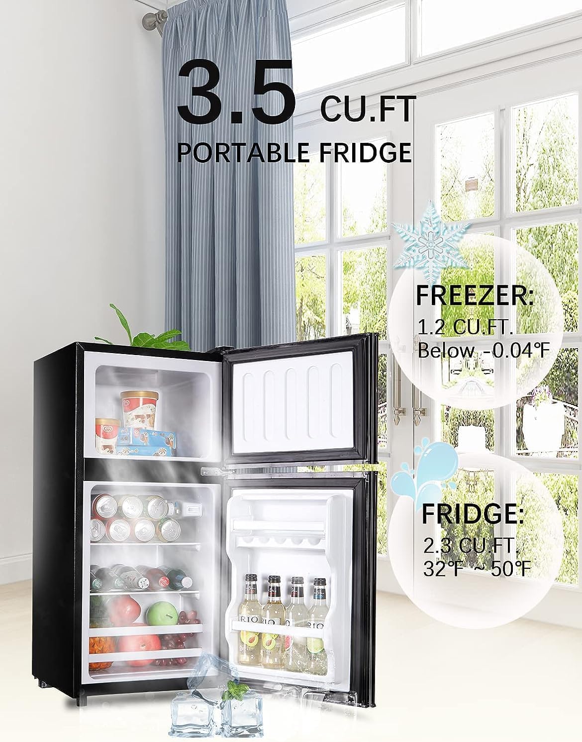 Refrigerator with Freezer 3.5 Cu.Ft with 7 Level Adjustable Thermostat Control 2 Door Energy Saving Top-Freezer Compact Refrigerator Black