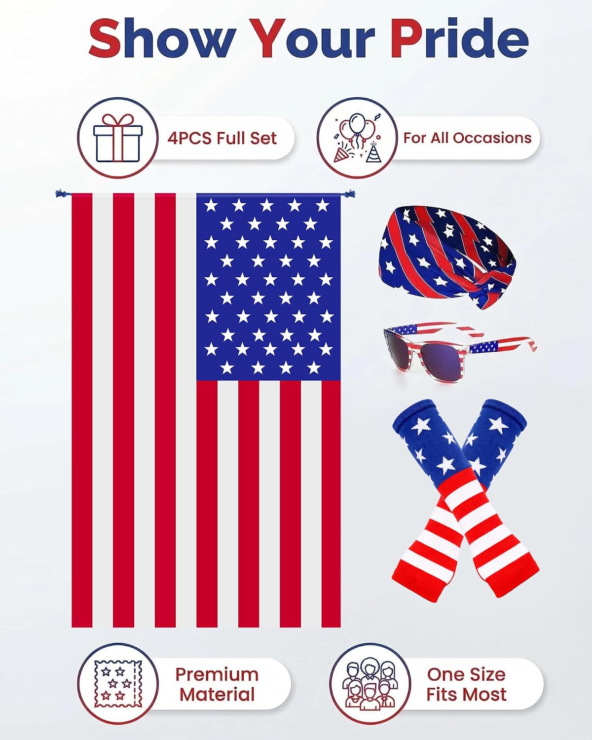 4Pcs American Flag Cape Costume, USA Patriotic Accessories USA Sports Cheering 4th of July Outfit & 250 Years Apparel
