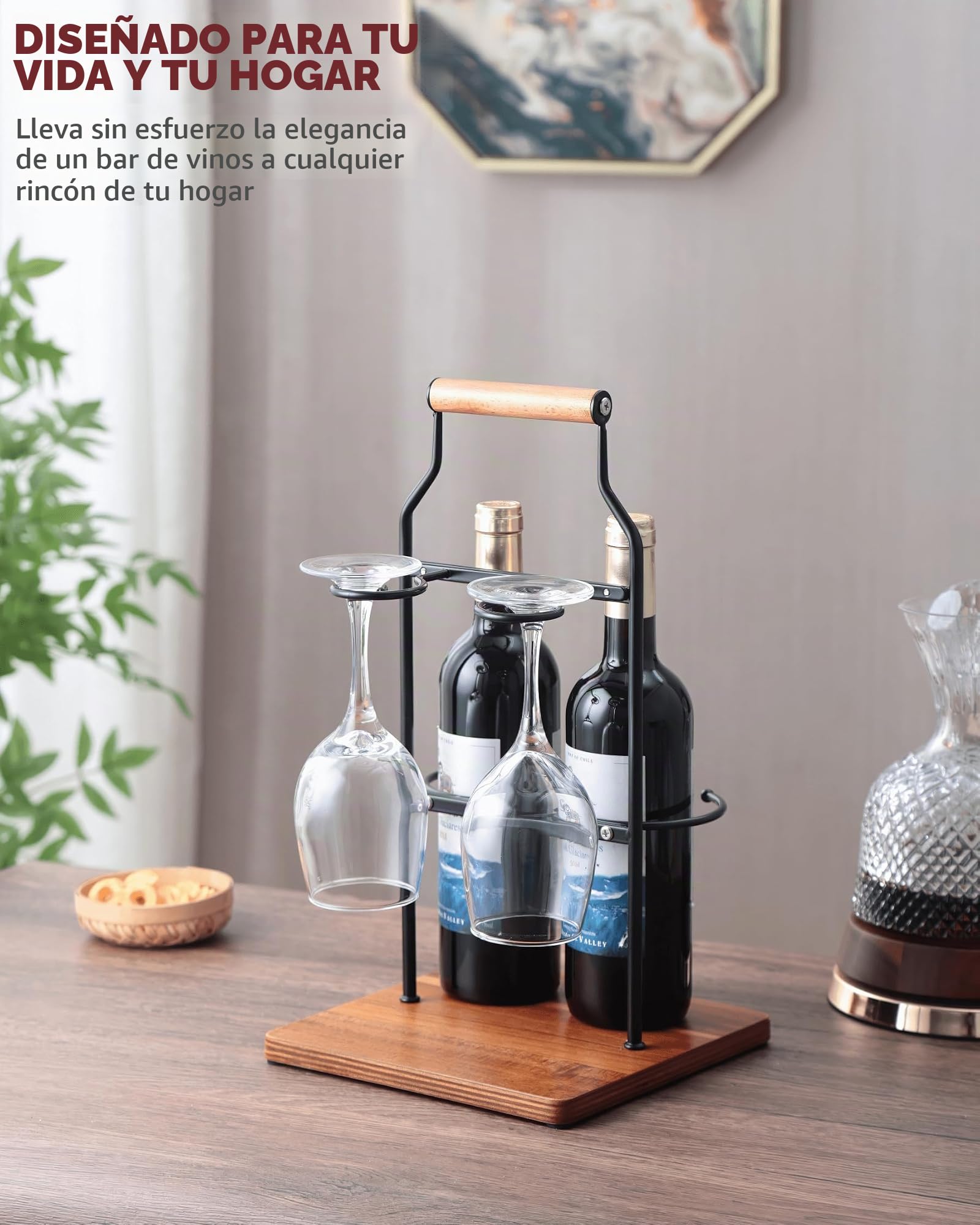 Estante de vino de encimera con asa, organizador de vino independiente con capacidad para 2 botellas y 2 copas de tallo, soporte portátil para botellas de vino y vidrio con base de madera para bar