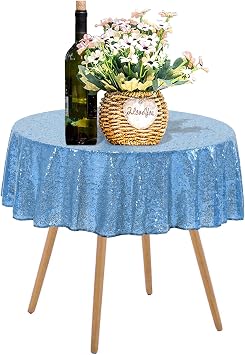 50 Inch Round Baby Blue Sequin Tablecloth, Metallic Glitter Sparkle Table Cover for Small Cake Table or Overlay, Sequin Fabric Table Cloths for Wedding Birthday Party Decorations
