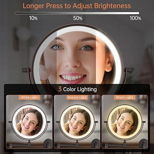 Miniatura 4 de Espejo de tocador de maquillaje iluminado para montaje en la pared, recargable de 8 pulgadas, doble cara, 1 espejo de baño con aumento 10X,