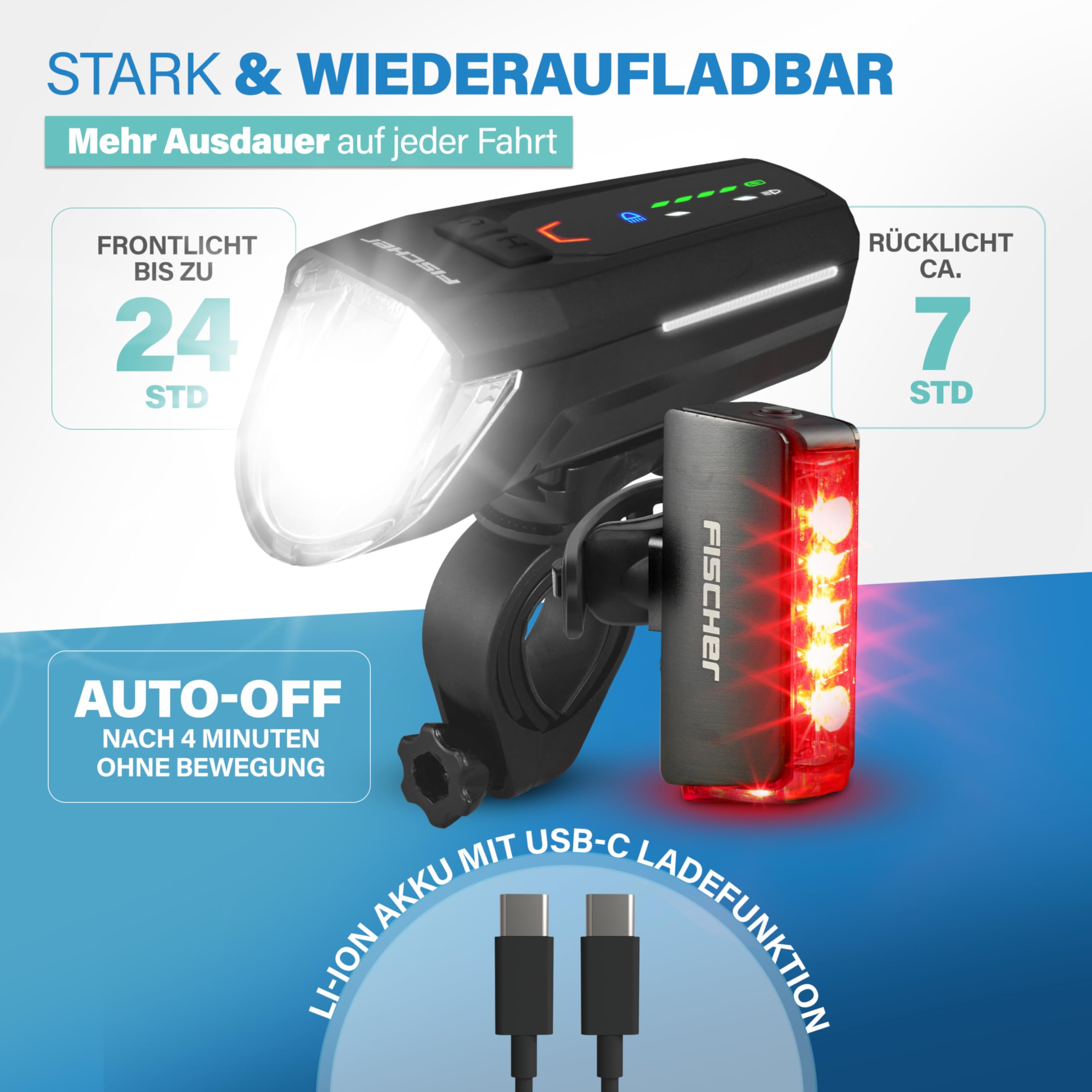 Fischer Fahrrad LED-Akku Beleuchtungs-Set Twin Stop 100 Lux, mit Sensormodus, Lange Leuchtdauer, stabiles Aluminium-Gehäuse, schwarz, 1 Stück