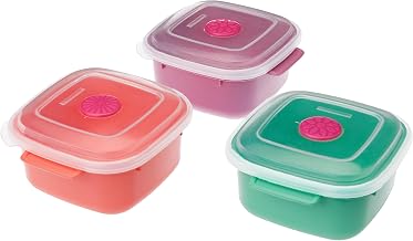 Conjunto Com 3 Potes Plásticos Com Tampa Reversível Sanremo Fundo Coral, Verde E Amarelo E Tampa Cristal