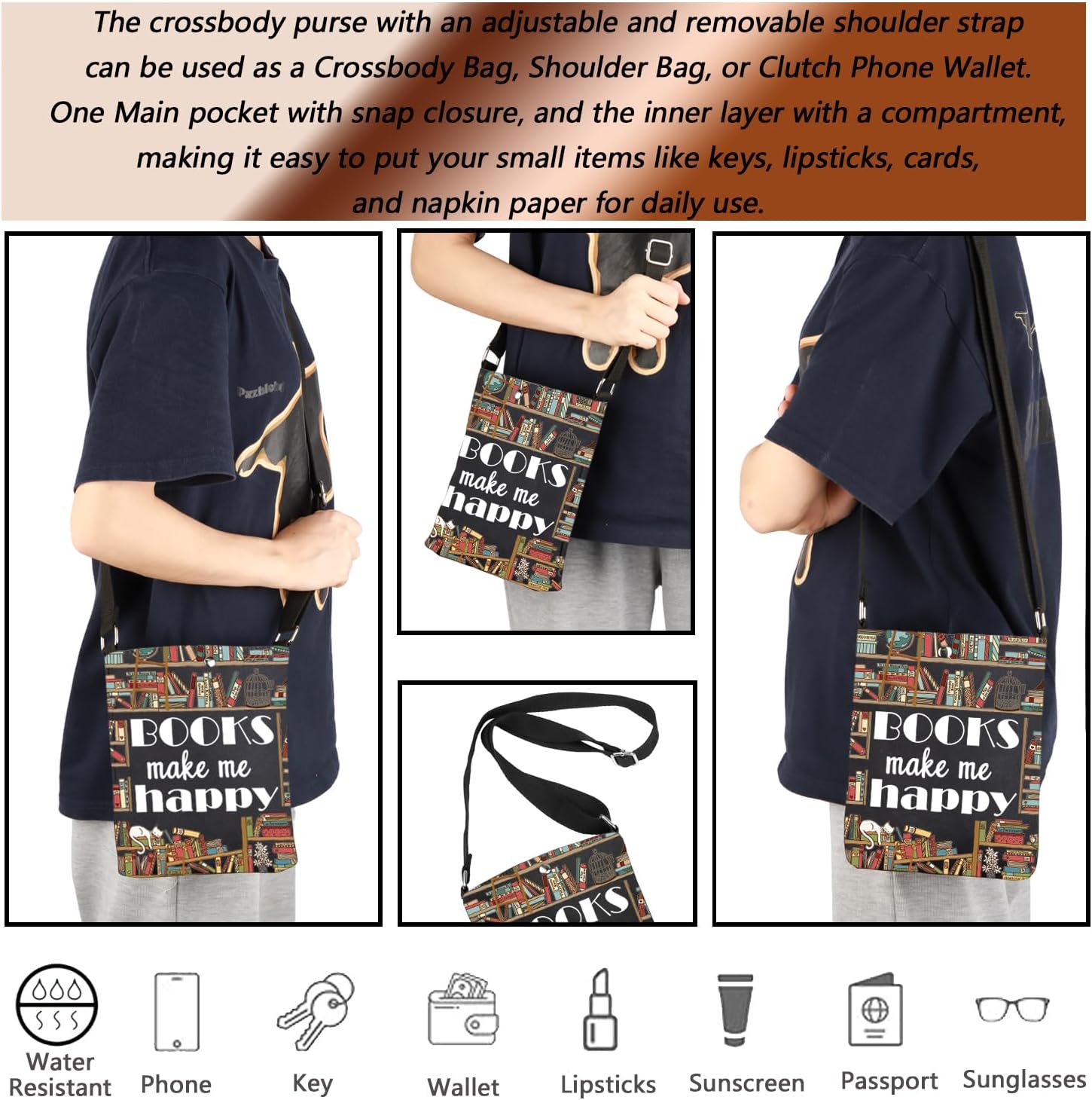 MBMSO Book Gifts for Book Lovers Crossbody Bag Themed Purse for Literary Lover Bookshelf Gift - Image 4