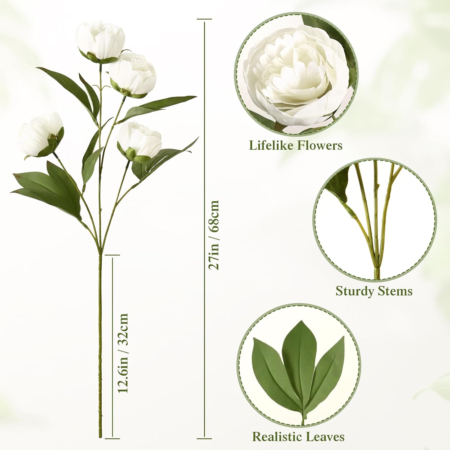 Dremisland 6 Pcs Faux Peonies Artificial Flowers 27" Silk Peonies Faux Flowers for Vase White Peonies Artificial Flower Arrangement Vase Filler for DIY Bouquet Centerpieces Wedding Party Home Decor