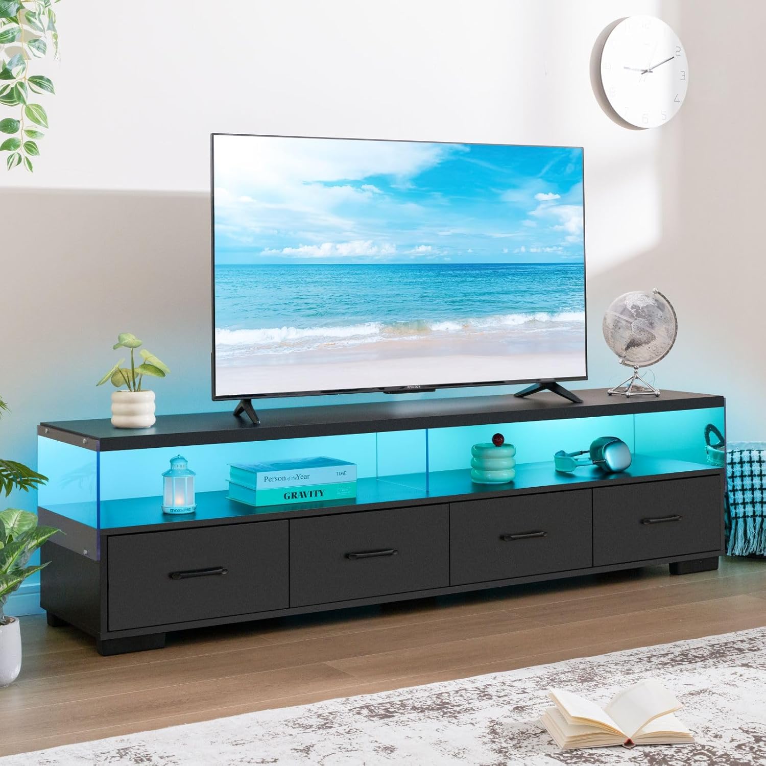 Modern Black TV Stand for 75 Inch TV, 71 Inch Entertainment Center with 4 Storage Drawers and Shelves, LED TV Console for Living Room or Bedroom