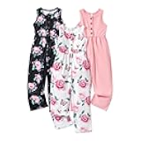 3 Pack Girls Jumpsuits Solid Color Floral Print Button Down Sleeveless Jumpsuits Long Romper Pants with Pockets 5-14Y