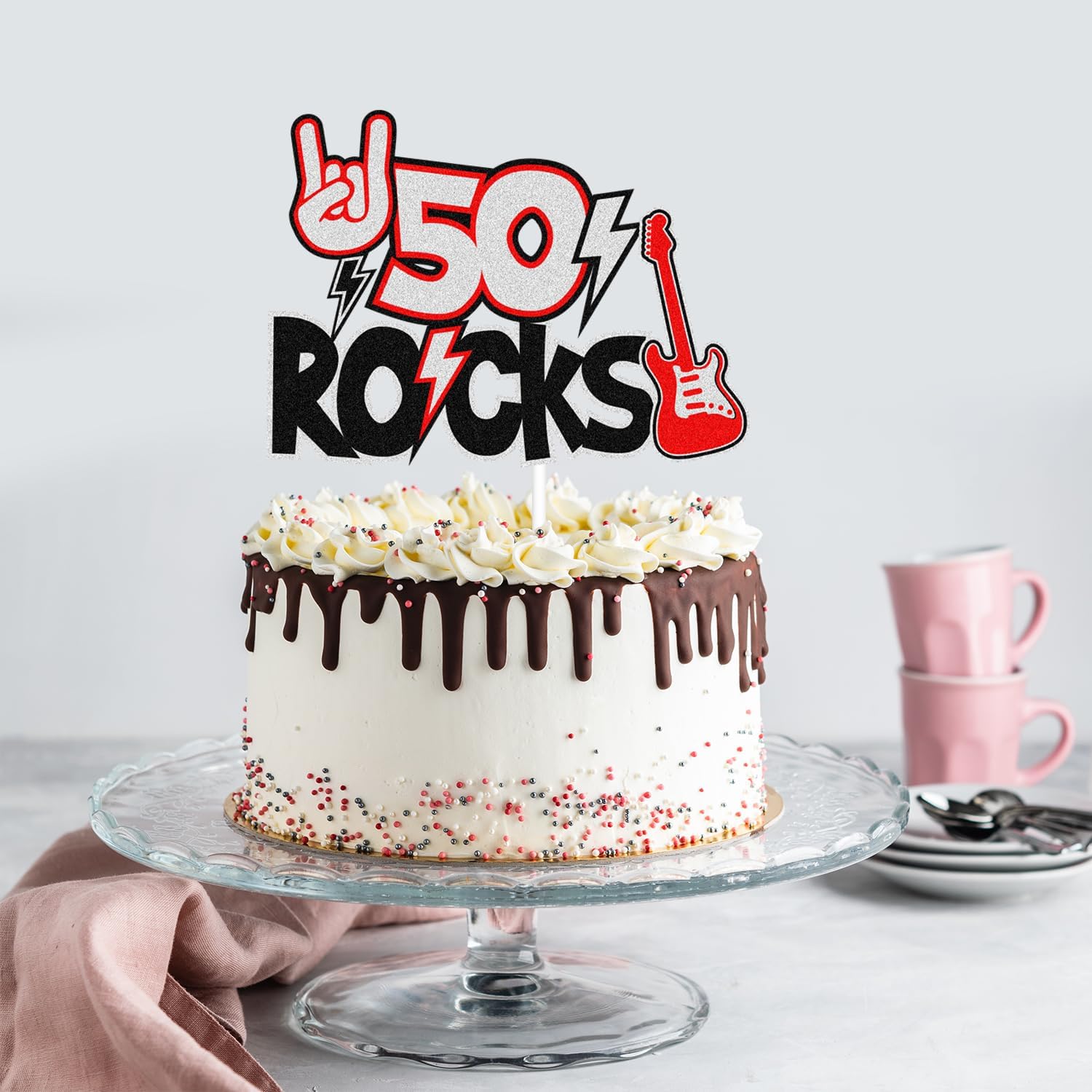 50 Rocks Birthday Cake Topper - Fabulous Fifty Years Anniversary Black Glitter Guitar Cake Topper - Cheers To Man Women Happy 50th Birthday Party Decoration
