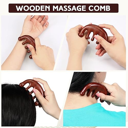 Miniatura 3 de Tanlade 2 piezas Gua Sha peine natural sándalo de dientes anchos masaje peine de pelo desenredante cuero cabelludo masajeador facial cuerpo cabeza