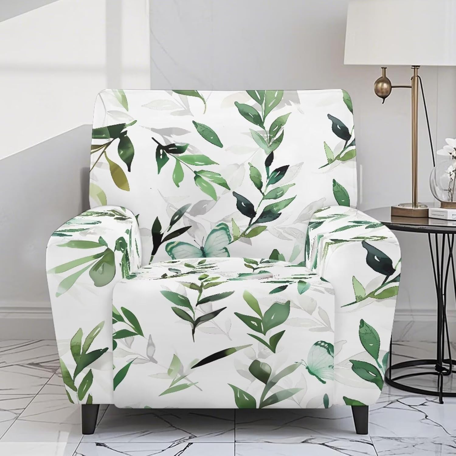 FOR U DESIGNS Leaf Green White Stretch Recliner Cover Slipcover for Reclining Chairs with Elastic Straps Easy Installation Washable for Living Room Protection Against Stains