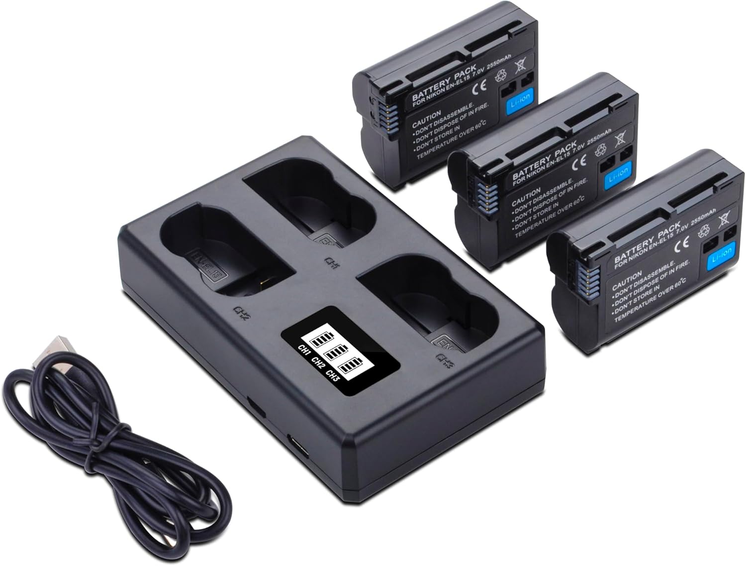 3-Pack EN-EL15 /EL15A/EL15B/EL15C Batteries with Smart Triple Slot LCD Charger for Nikon Z6 Z7 D500 D600 D610 D750 D780 D800 D800E D810 D810A D850 D7000 D7100 D7200 D7500 Cameras 2550mAh