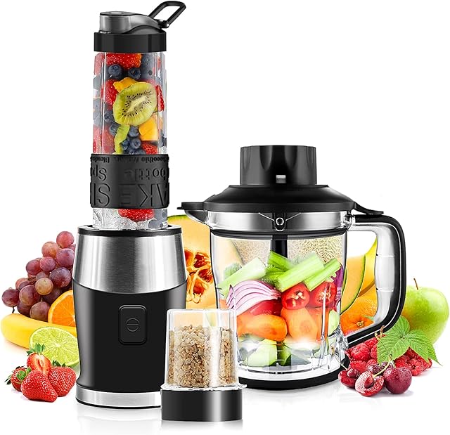 Blender Smoothie Maker, 700W Smoothie Blender, Portable Blender, Food Chopper and Grinder, 570ml BPA Free Blender Bottle, 300ml Grinder Cup, 1200ml Chopper Jug, Food Processor and Blenders for Kitchen