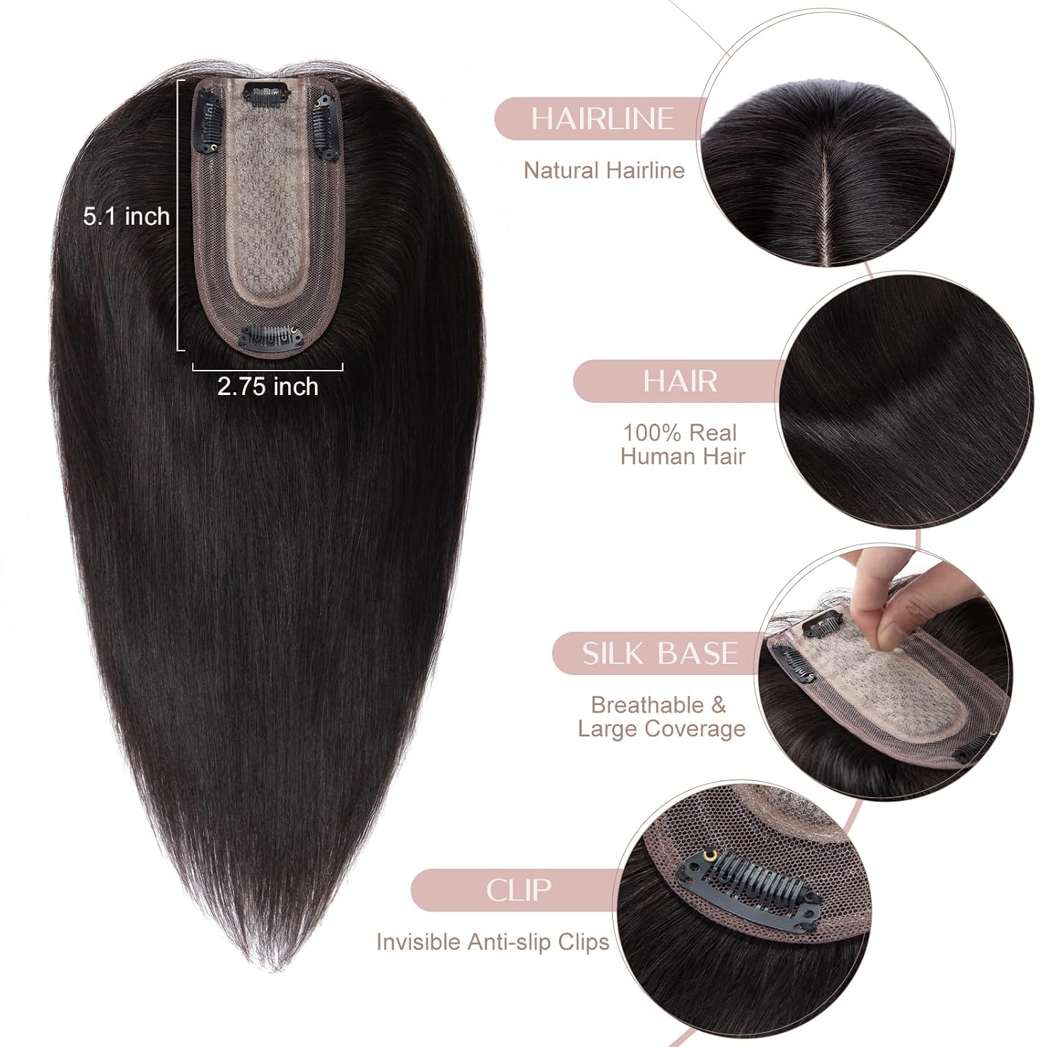 Hair Toppers for Women Real Human Hair with No Bangs Toppers Hairpieces for Women Increase Volume 1B Natural Black,14 Inch