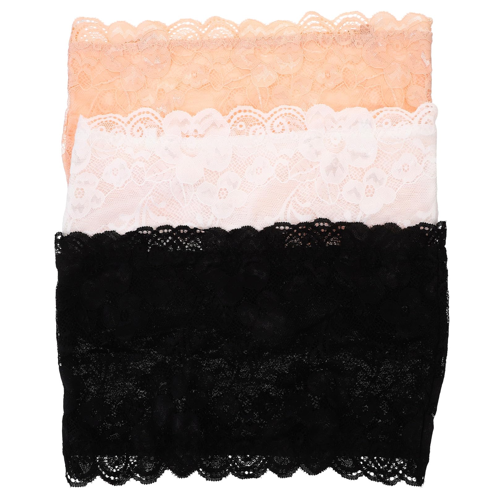 Luoem Women's Black, White, Skin Color Bandeau Tube Top Floral Lace Strapless Bandeau Tube Top 3Pcs Size Xl