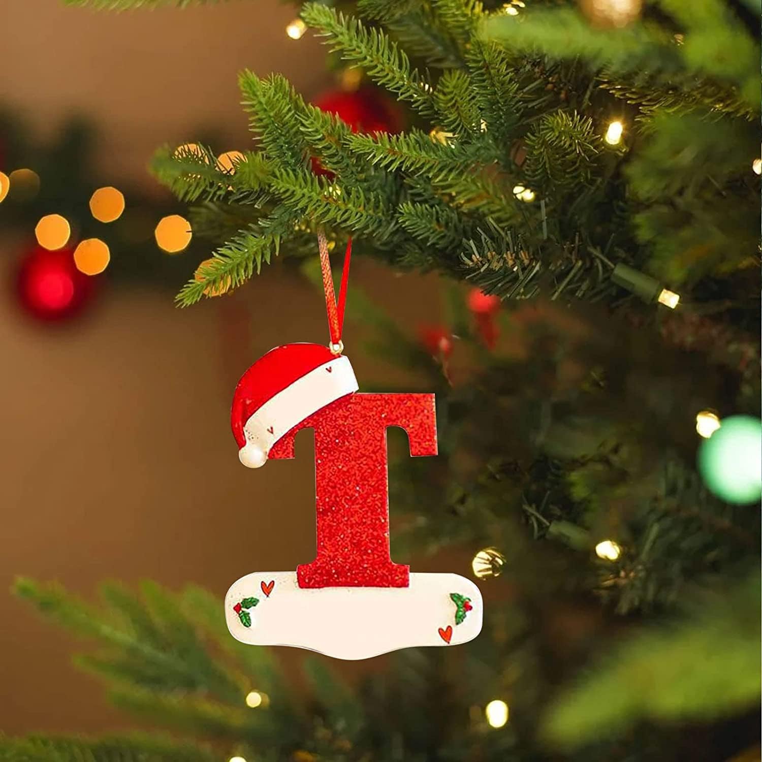 Christmas Initial Letters Ornaments Personalized DIY Red Hat Letters Ornaments Christmas Tree Pendant Decoration Xmas Hanging Decor (T)