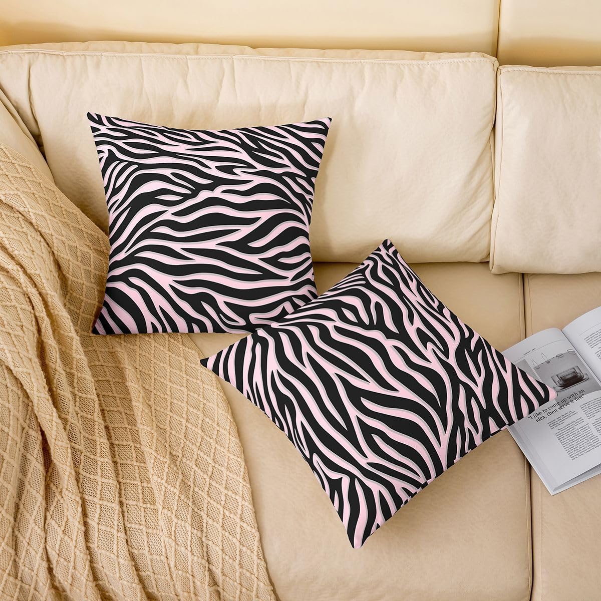 Erosebridal Black Pink Zebra Print Pack of 2 Throw Pillow Covers Trendy Wildlife Texture Pillow Covers Girls Women Two-Tone Animal Print Cushion Cases Bold Aesthetic Geometric Stripes Decor 20x20 Inch image 2