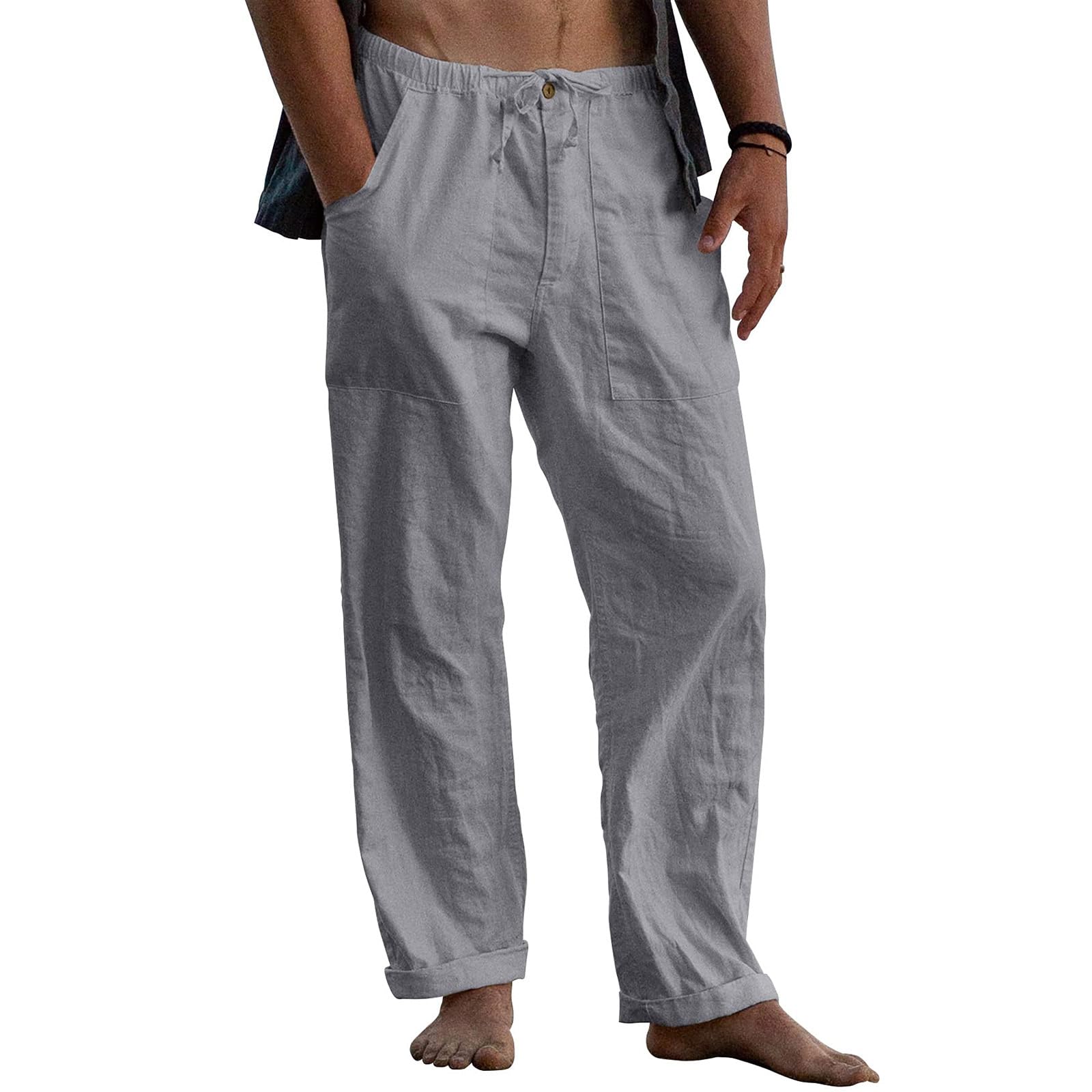 Puimentiua Mens Linen Pants Elastic Waist Drawstring Loose Fit Casual Summer Beach Pants with Pockets Baggy Trousers