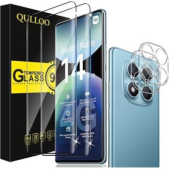 QULLOO Screen Protector for Xiaomi Redmi Note 14 Pro 4G Pack of 2 Screen Protectors with 2 Camera Protection 9H Hardness Tempered Glass HD Clear Protective Glass Anti-Scratch Film Pack of 2 screen protectors 2 camera protection 9H hardness glass anti-scratch film HD clear protective glass