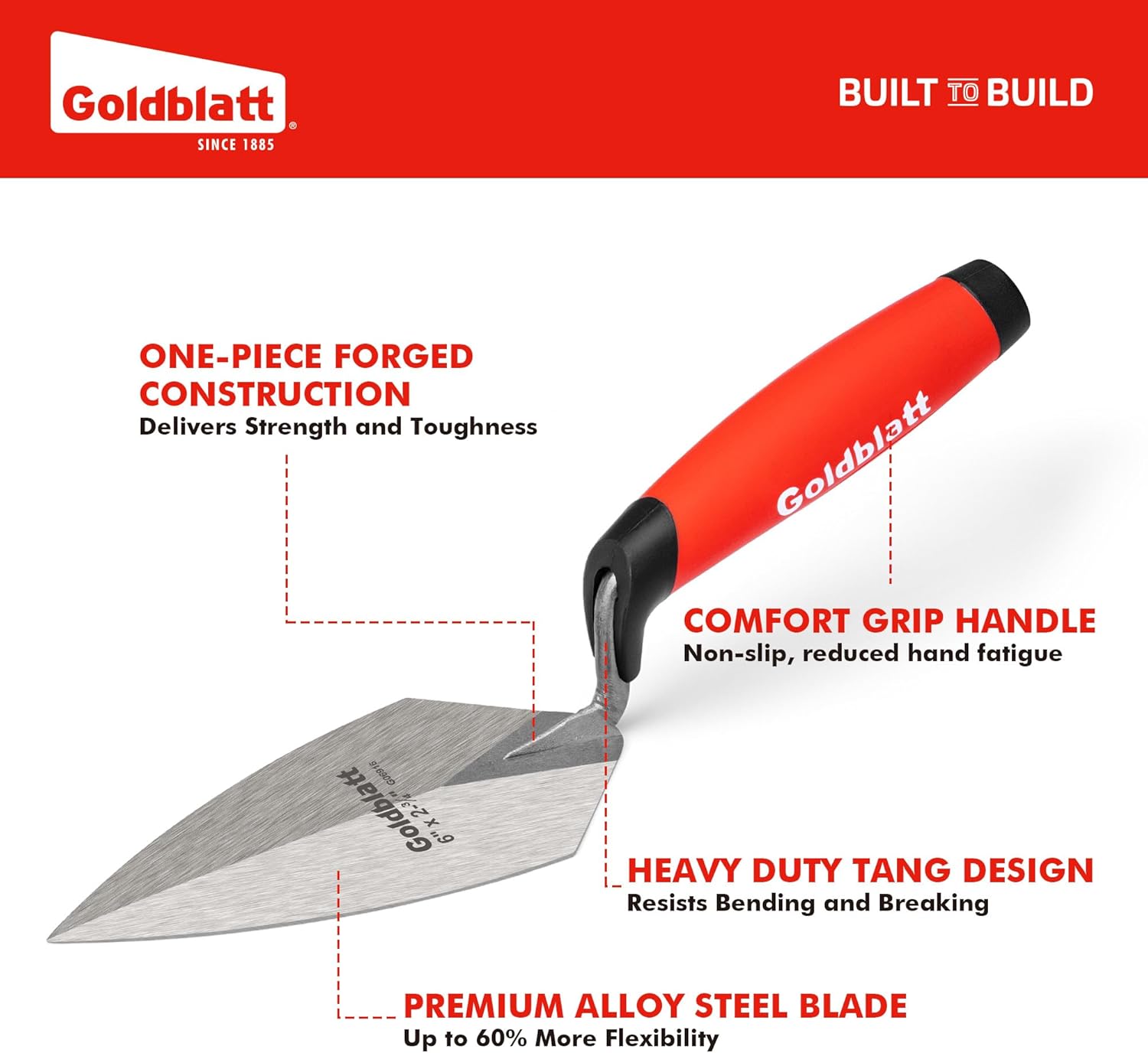 Goldblatt 6 Inch 2 Piece One-Piece Forged Masonry Trowel Set, 1 Pointing and 1 Gauging Trowel, 6x2-3/4 Inches, SAE 6150 Steel Blade, Ergonomic Handle for Brick, Mortar, Cement, and Masonry Work