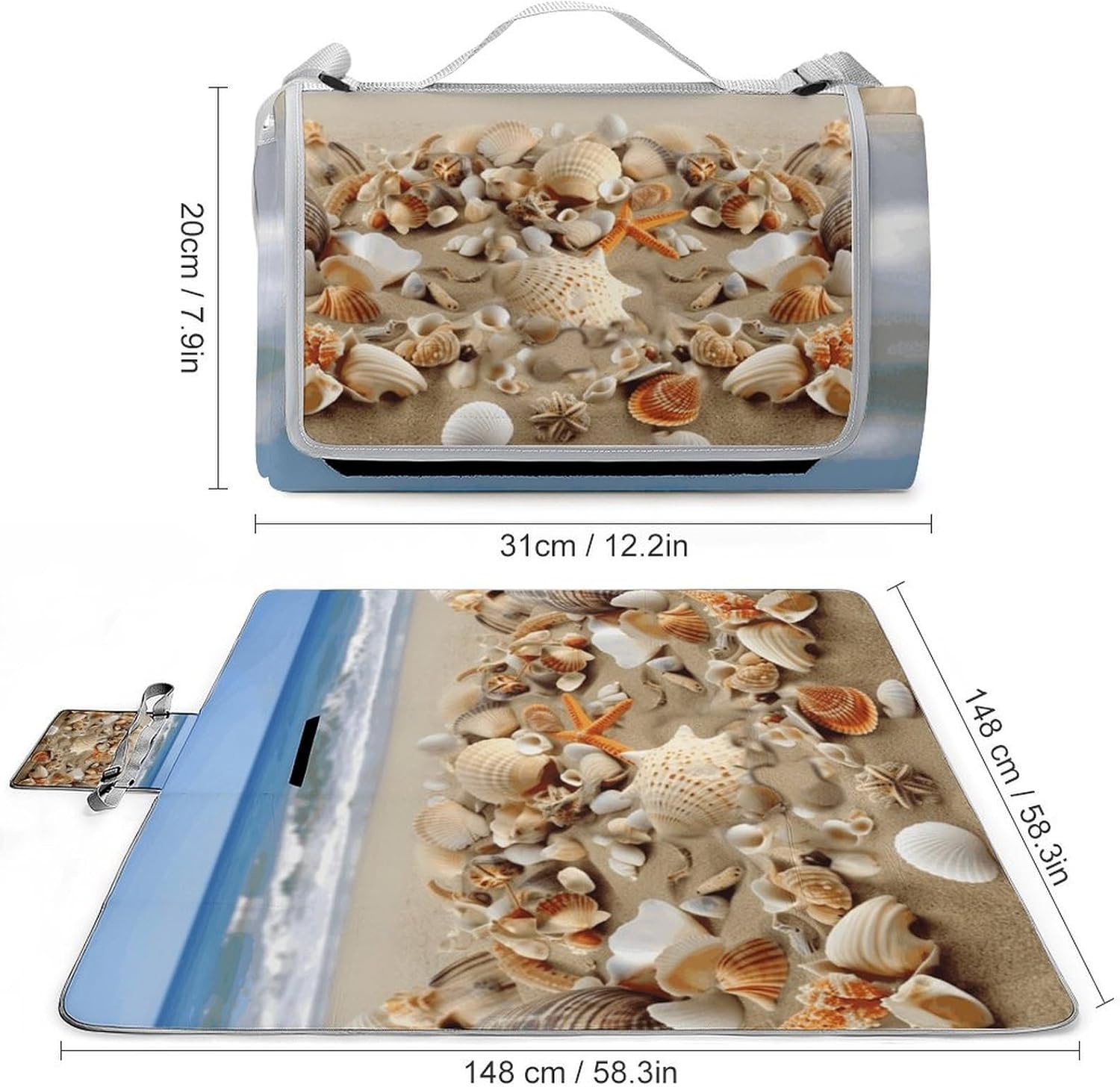 Beach Shells Waterproof Picnic Blanket 58.3''x58.3'',Portable and Foldable Picnic Mat with Handle,Outdoor Blankets for Lawn Park Beach Travel