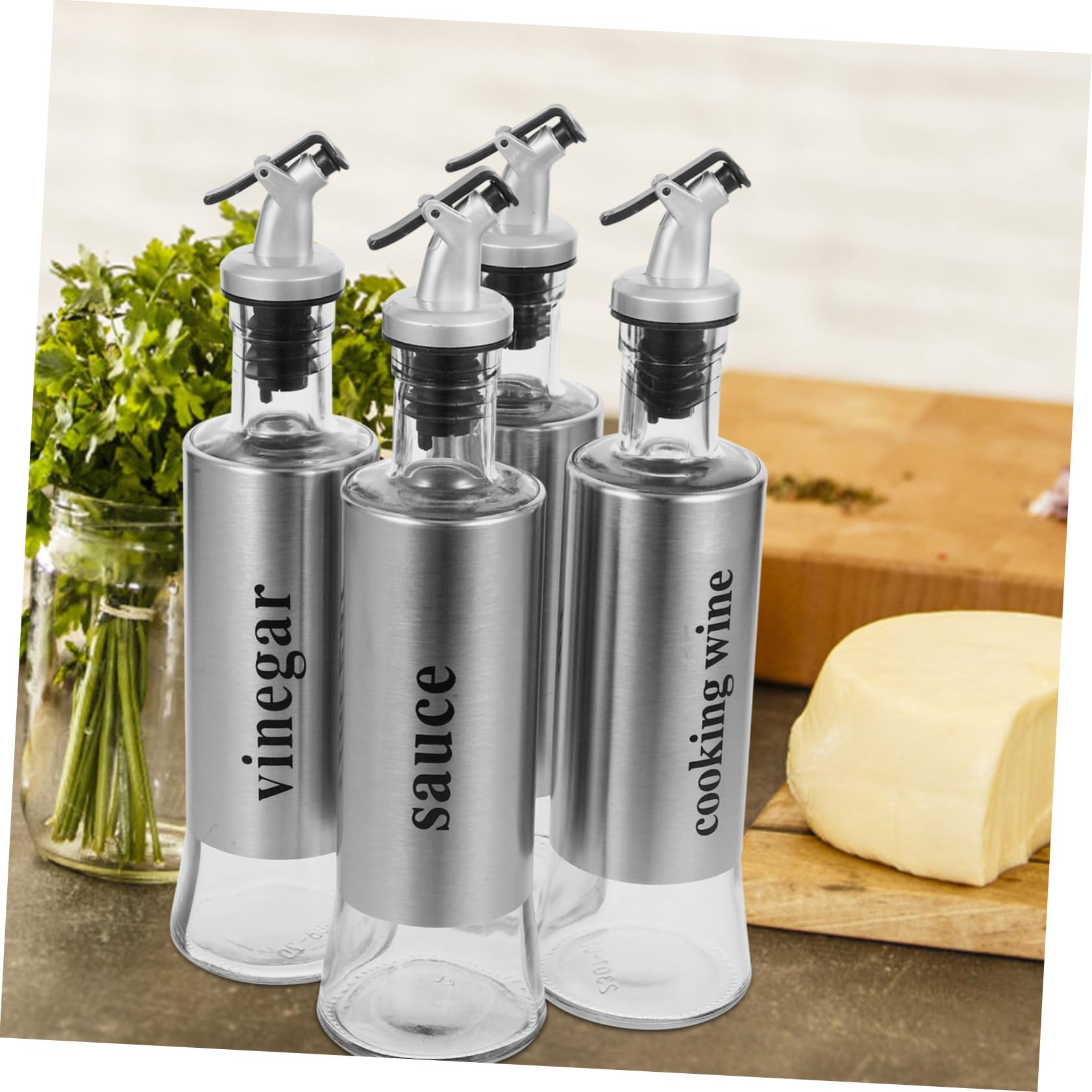 Dispensadoras de Aceite y Vinagre de 300ml Juego de 4 Botellas Diseño Antigoteo en Vidrio y Acero Inoxidable para Cocinas y Restaurantes