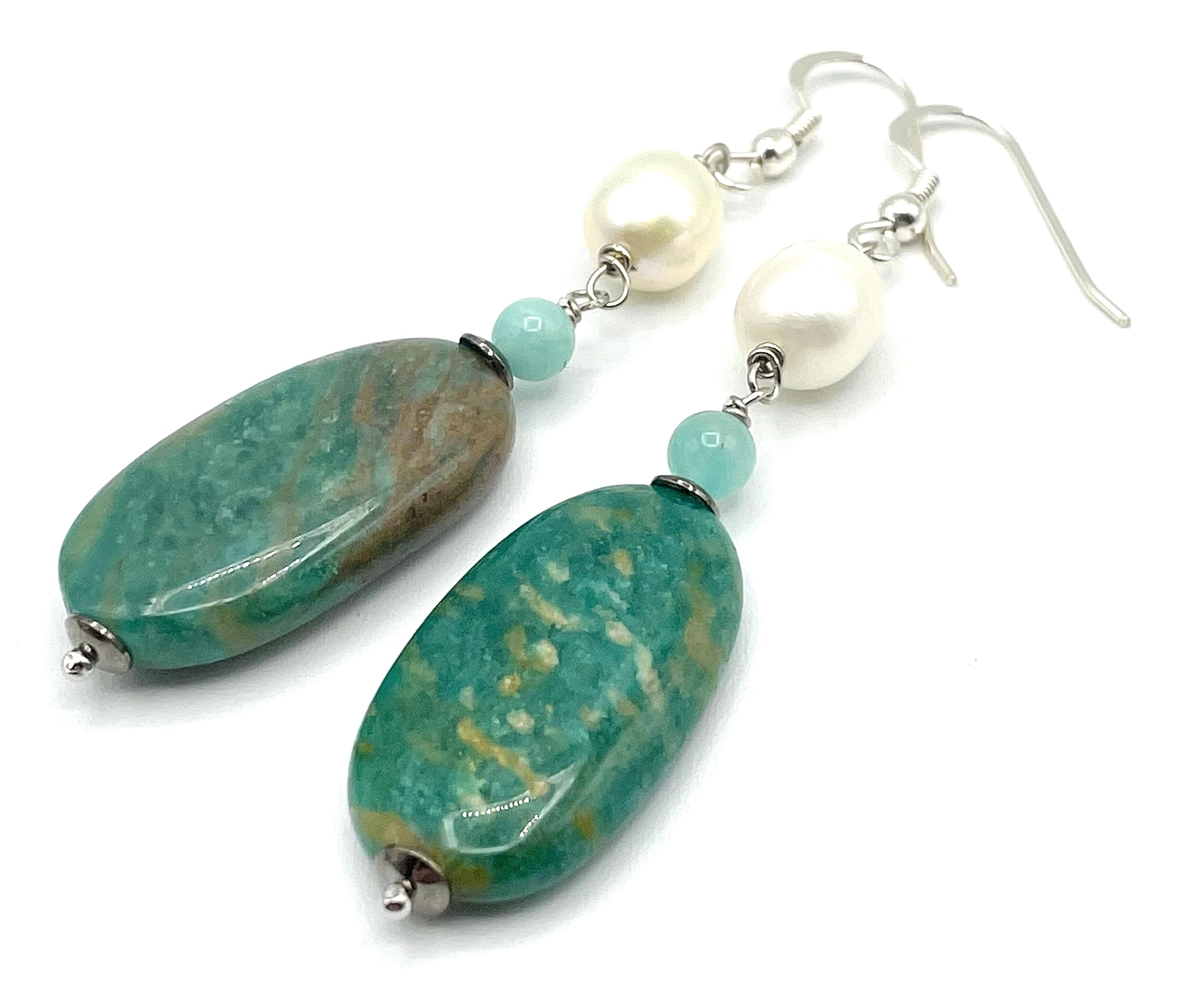 Orecchini con Amazzonite Turchese e Perle Bianche, Pendenti Lunghi, Argento 925, Gioielli Pietre Dure Naturali, Regalo per Lei, Bijoux