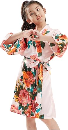 QXQTER Peony Floral Silk Kimono Robe Wedding Bridesmaid Robes Dressing Gown Nightgown for Girls