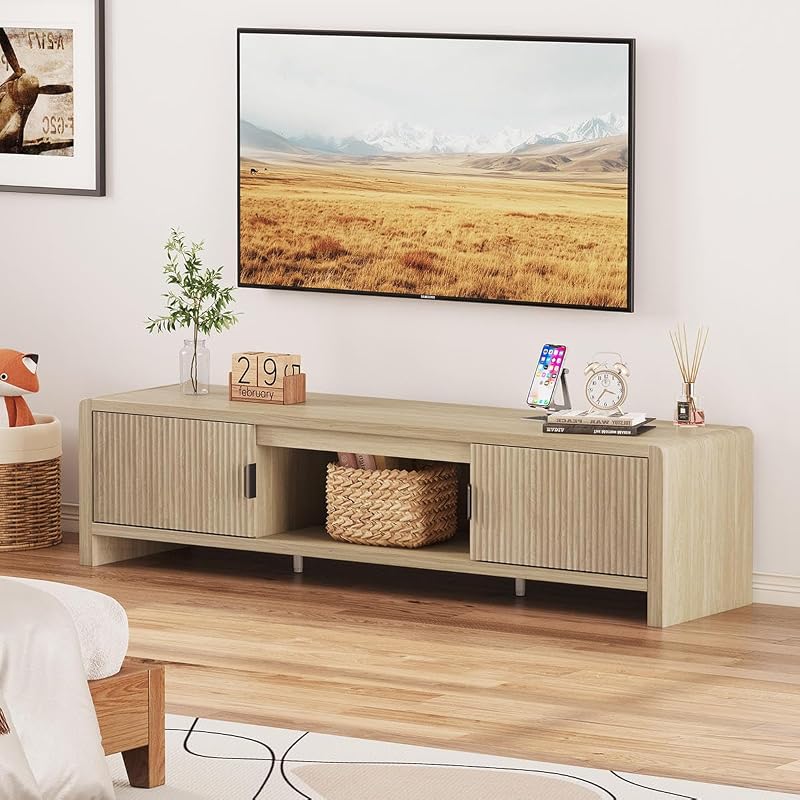 FATORRI TV Stand for TVs up to 75/65/55 Inch, Wood Entertainment Center with Storage, Farmhouse Waveform Fluted-Door Television Media Console for Living Room, Bedroom (63 Inch W, Light Walnut) image 6