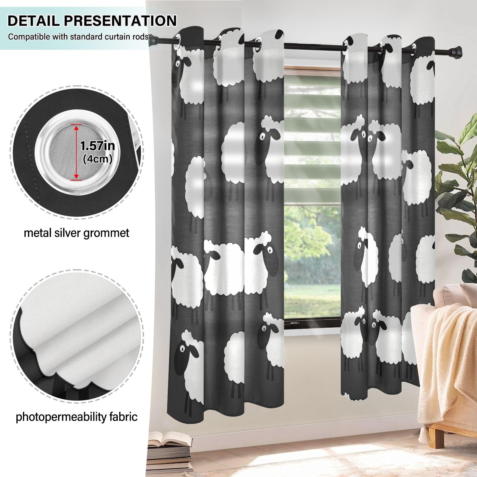 Alzapaños decorativos para cortinas de lino blanco y negro de oveja de 63 pulgadas de largo, ventana de bahía, juego de 2 paneles