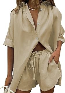 Women 2 Piece Outfits Long Sleeve Button Down Blouse and Shorts Sweatsuit Sets