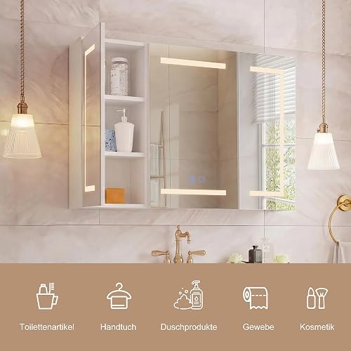 PerGar Armoire miroir LED de salle de bain avec éclairage, 3 portes, armoire miroir de salle de bain avec anti-buée et étagère réglable, 3 températures de couleur à intensité variable, design moderne - 7