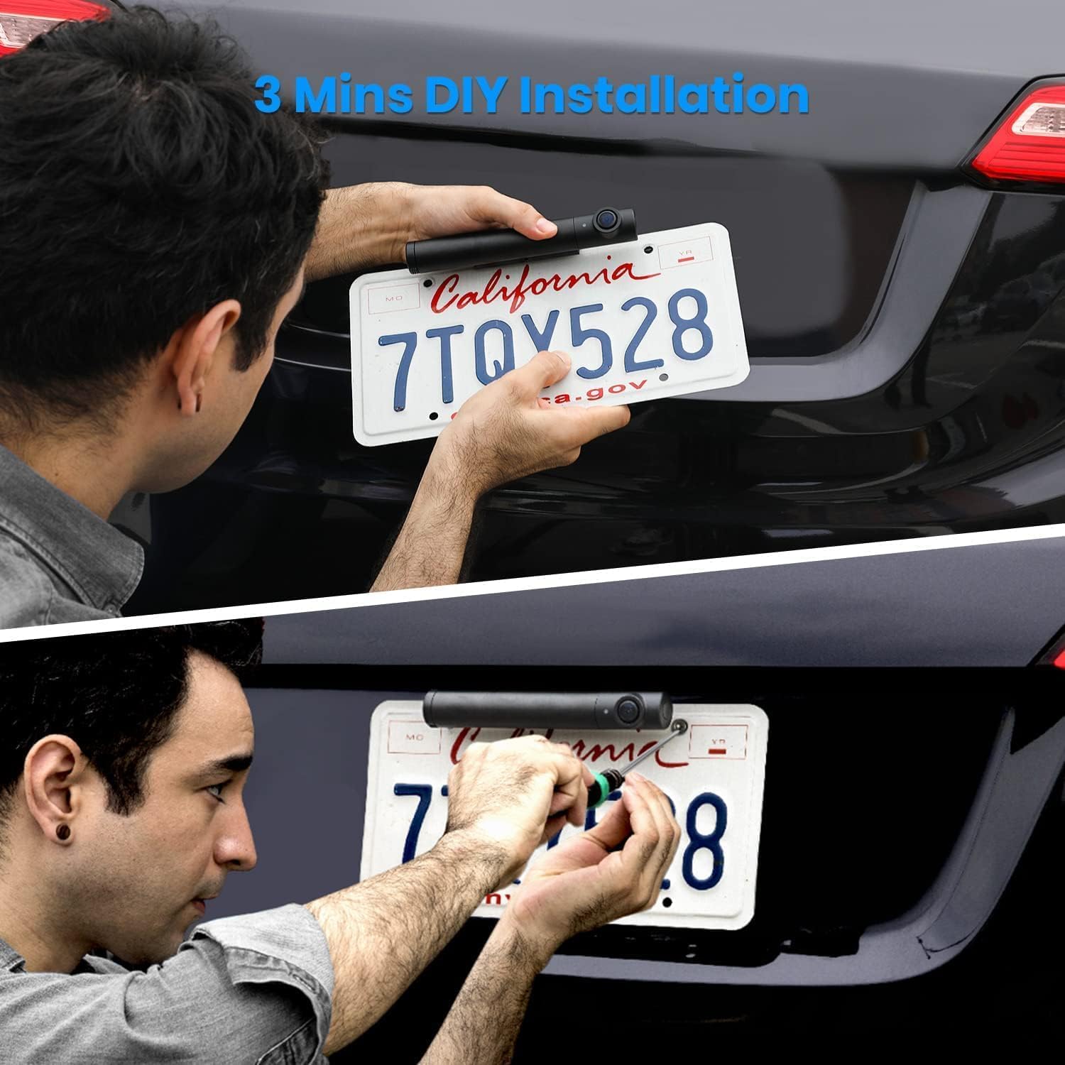 Step-by-step installation of the AUTO-VOX wireless backup camera on a license plate.