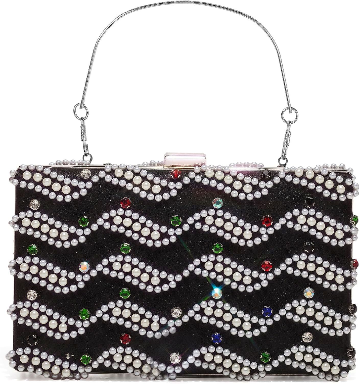 Pearl Rhinestone Evening Clutch for Women- Shimmering Formal Handbag with Detachable Chain for Wedding, Prom | 4-in-1 wearing, Double sided pearls, Handmade inlay