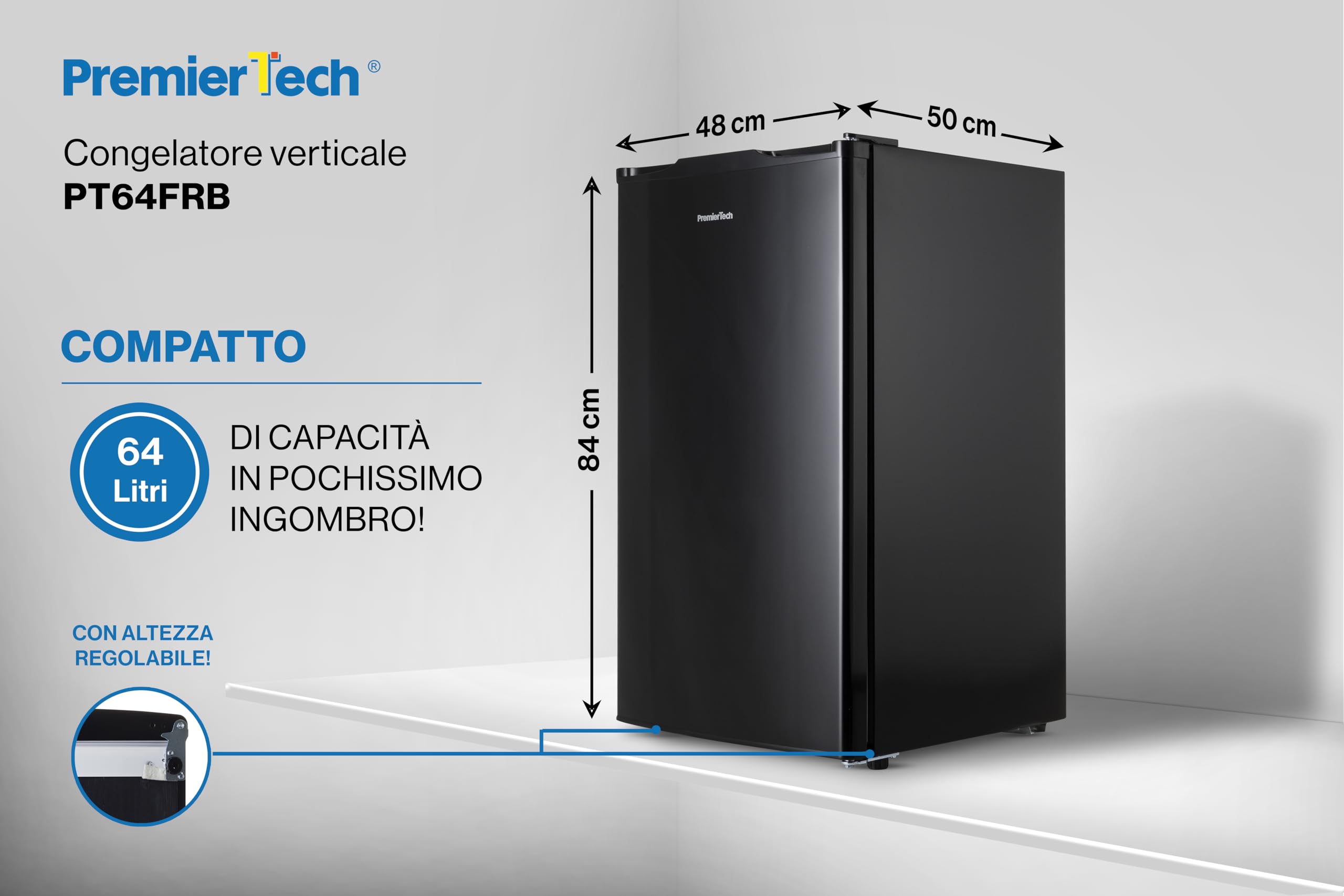 PremierTech Congelatore Verticale Nero, 64 Litri, 3 Cassetti, 4 Stelle, -24°C, Classe Energetica E, Porta Reversibile, Termostato Regolabile, Libera Installazione, Sottotavolo, Freezer, PT64FRB
