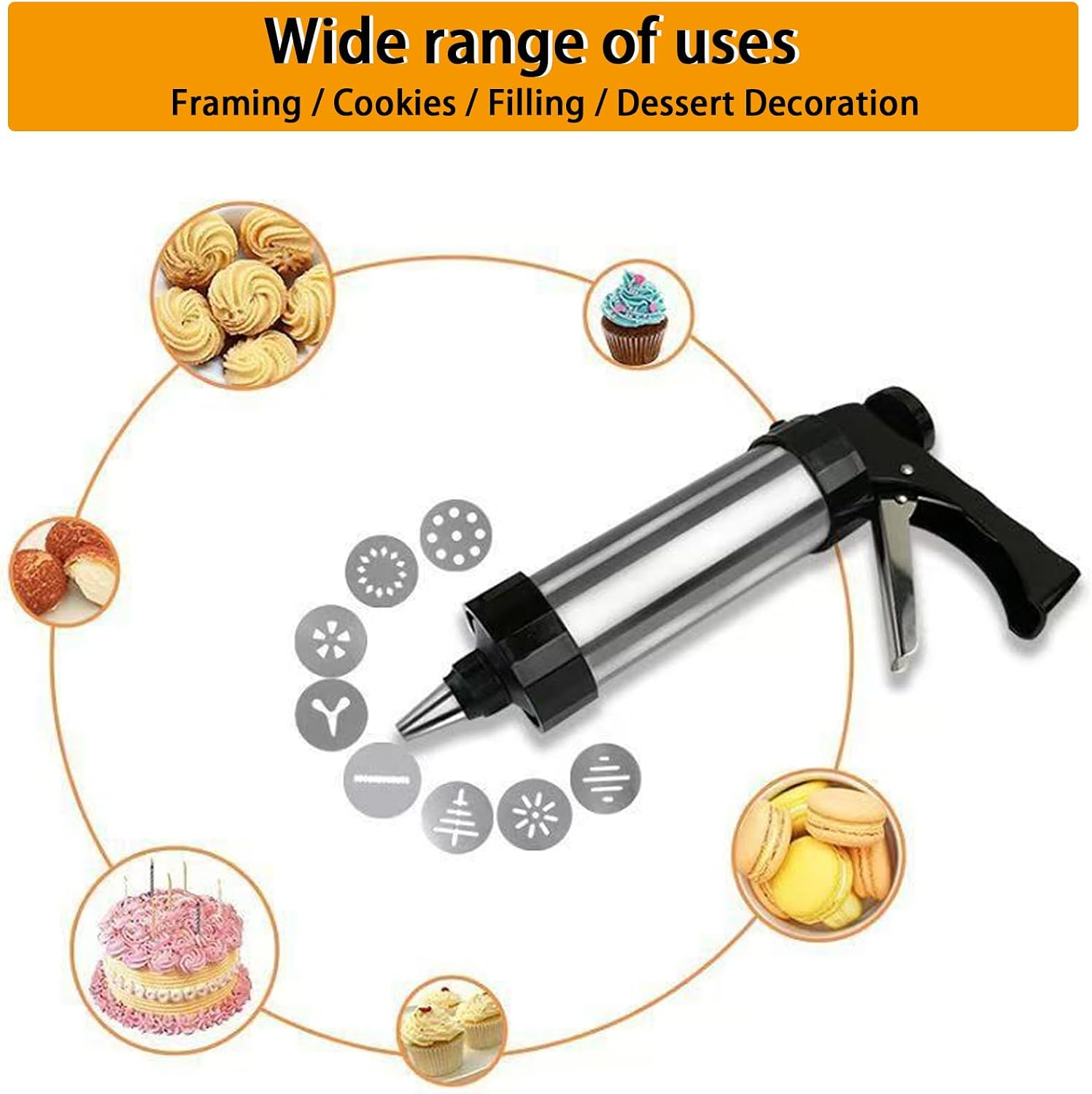 Cookie Press Gun Kit – Stainless Steel Spritz Cookie Maker with 13 Discs, 8 Piping Tips, 2 Brush and Cream Spatula, Easy-to-Use for Baking & DIY Pastries Cake Dessert Making and Decorating