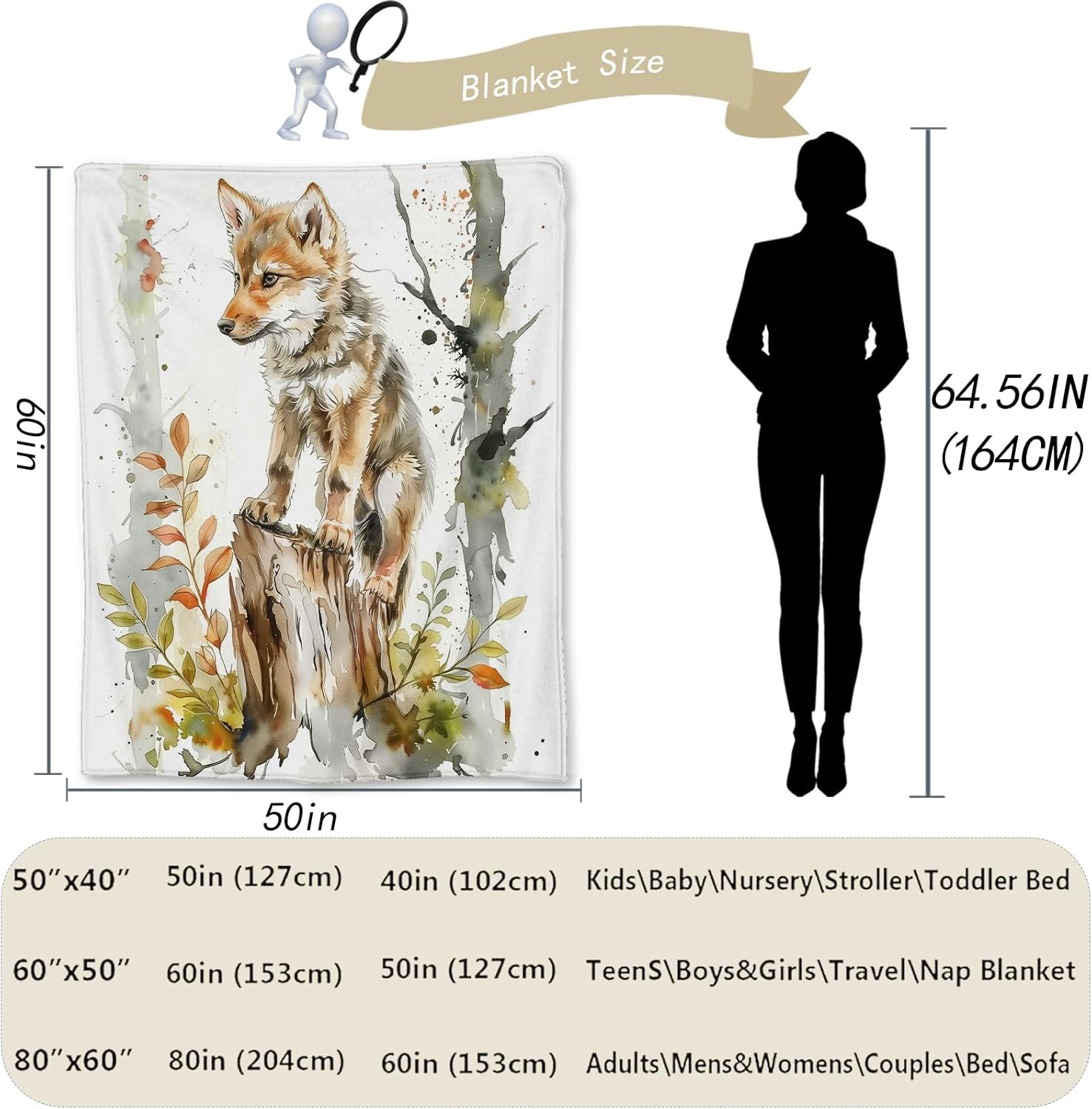 Cute Wolf Blanket - Soft, Lightweight Flannel, Fuzzy and Fluffy Throw Blankets, for Couch, Bed, Travel, Outdoor - Cozy Home Decor, Watercolor Art for Adults Kids Women Boys Girls 60×50 in - Image 3