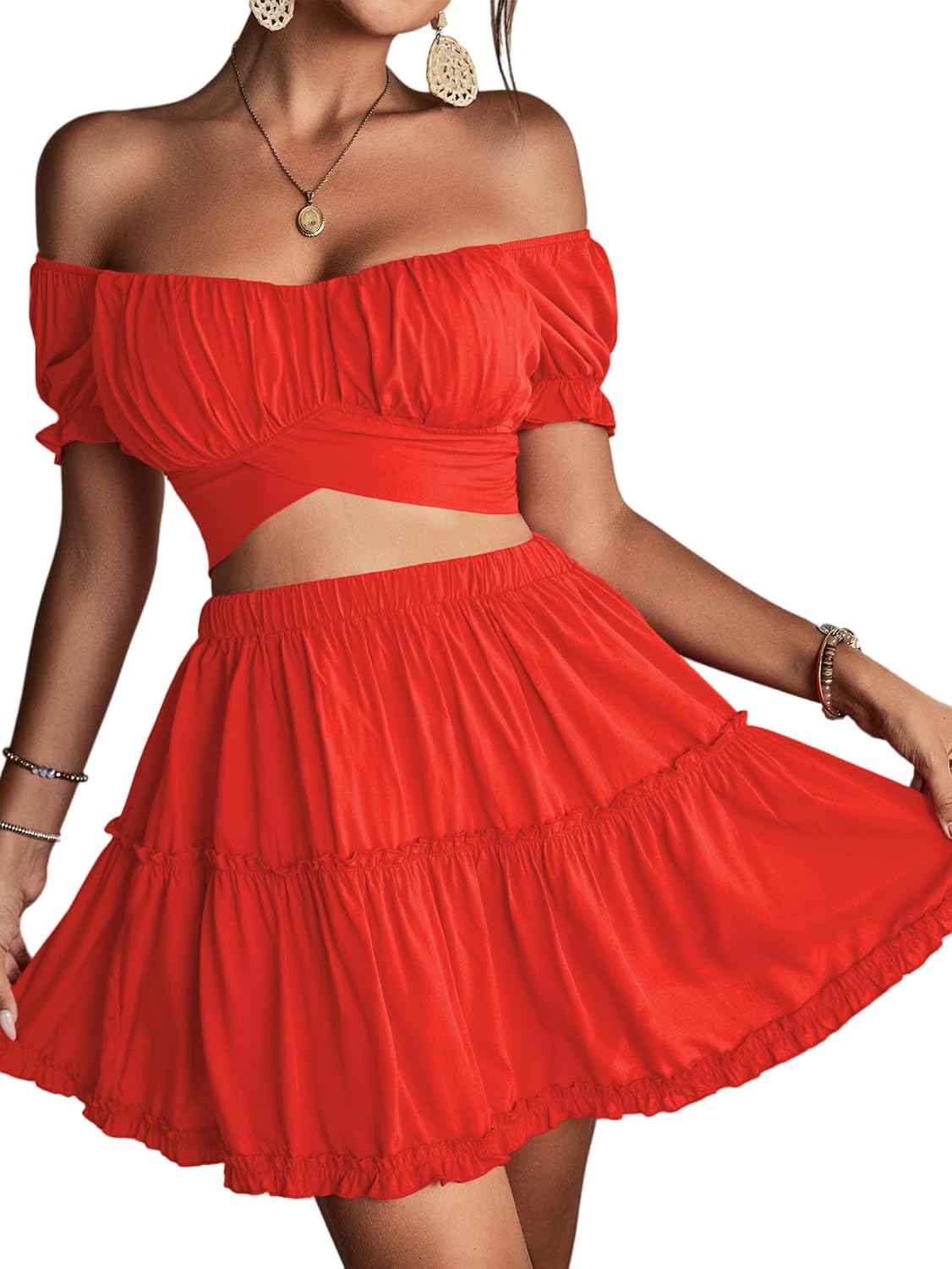 LYANER Women's 2 Piece Outfits Off Shoulder Tie Up Back Crop Top and Mini Skirt Set Solid Red X-Small - Image 4