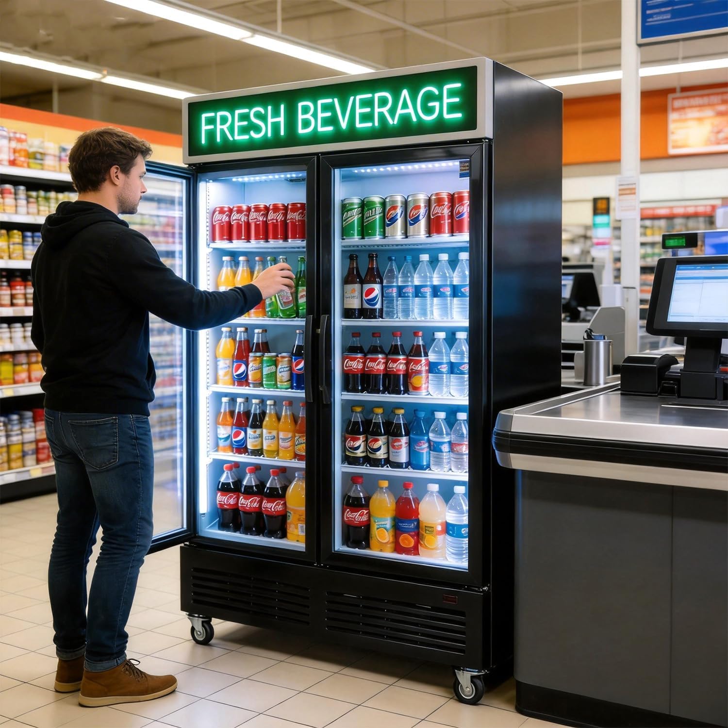 Commercial Beverage Refrigerator Display Fridge,Two Glass Door Drink Cooler with LED Light Adjustable Shelves,ETL Sanitation,43 Cu Ft,47" Wide,Wheels Included