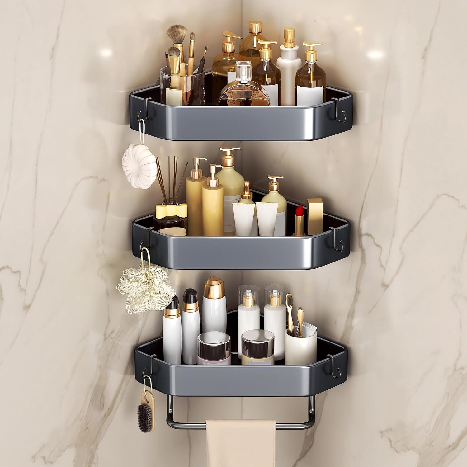 Shower Caddy Corner 3 Tier, Adhesive or Drilling Shower Organizer, Rustproof Carbon Steel Shower Shelf with 6 Hooks & Towel Bar, Never-Fall Bathroom Storage Rack for Inside Shower, Grey