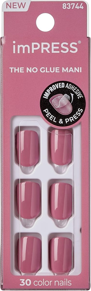 Kiss Impress Kit de uñas a presión sin pegamento, 30 uñas de color rosa pétalo, Squoval corto súper delgado, acabado de gel brillante, tecnología PureFit, incluye almohadilla de preparación, barra de manicura y mini lima