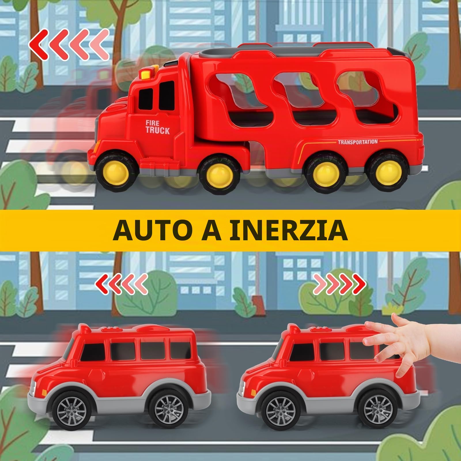 Camion Macchinine Bambini,7-in-1 Camion Pompieri Giocattolo,Camion da Trasporto avec Luci e Suoni,Auto Giocattolo ad Inerzia,2 Adesivi a Tema Auto,Regalo per Bambino 2-6 Anni