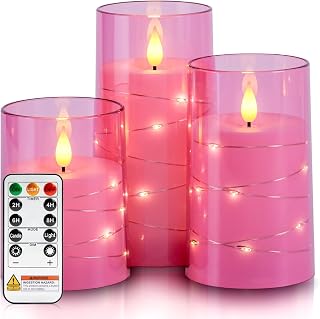 Homemory Flickering Flameless Candles, Pink LED Pillar Candles with Remote