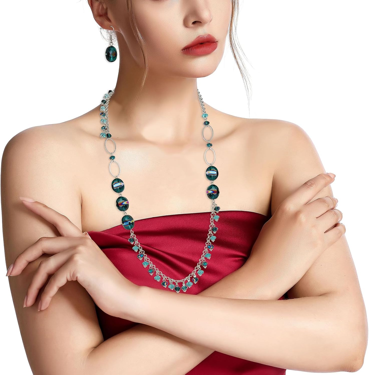 Firstmeet Colorful Glass Bead Long Necklace with Earrings Stunning Pendant Necklace Set - Image 2