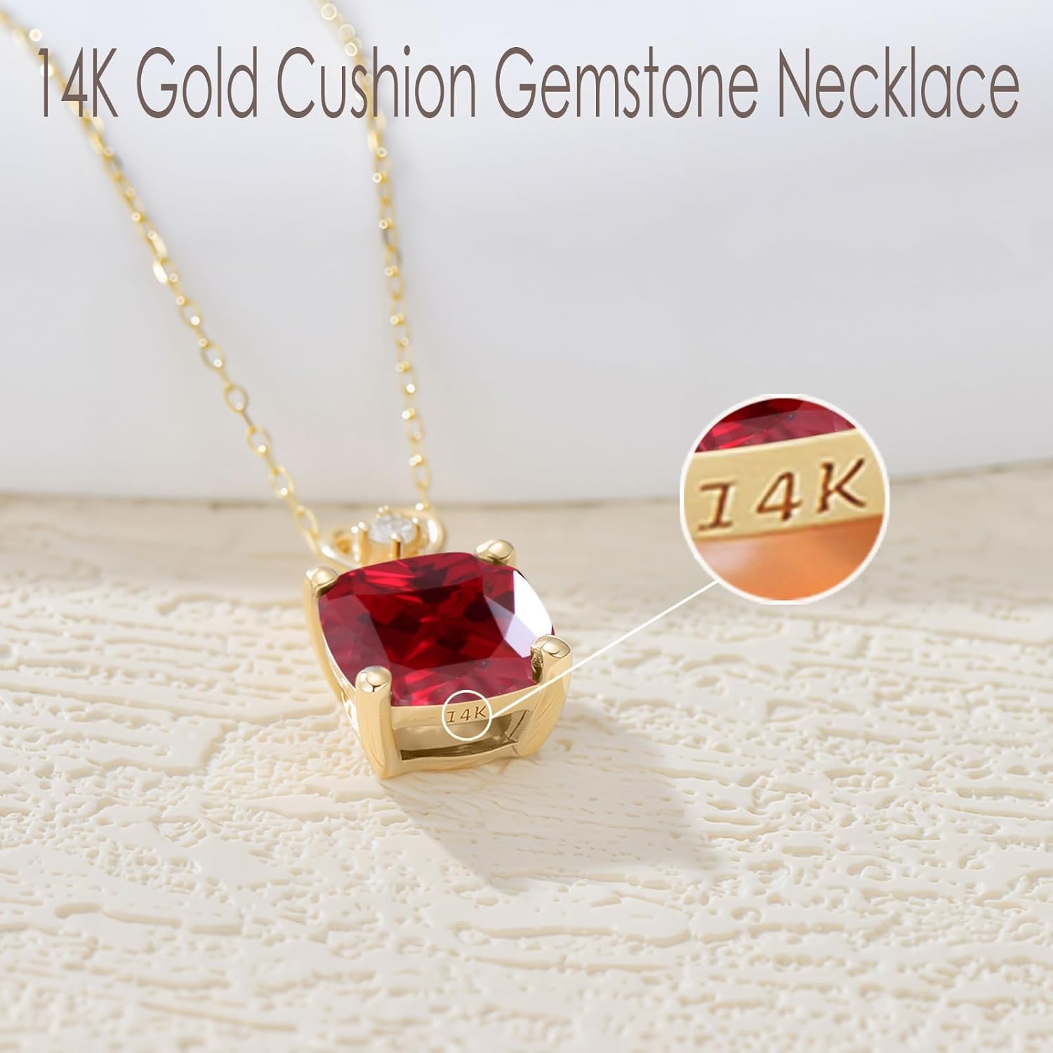 14k Gold Cushion-cut Gemstone Birthstone Necklace with Real Diamond(I2-I3 Clarity),2 Carat Created Birthstone Anniversary Birthday Mother's Day Necklaces for Women Mom Her - Image 5