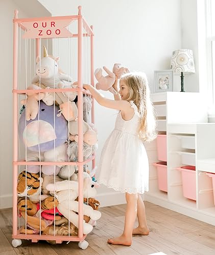 Mloong Almacenamiento en zoológico de animales de peluche, animal de peluche de madera rosa, regalo para guardería, sala de juegos, dormitorio