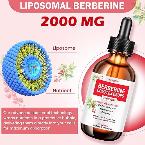 Miniatura 4 de Suplemento liposomal de berberina HCL gotas líquidas 1500mg, berberina con canela de Ceilán, melón amargo, cúrcuma, glucomanano, moringa, fitosoma