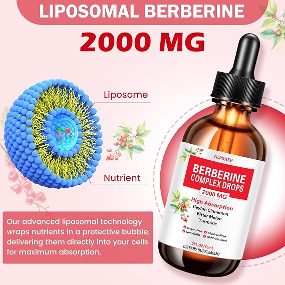 Liposomal Berberine HCL Supplement Liquid Drops 1500mg, Berberin with Ceylon Cinnamon, Bitter Melon, Turmeric, Glucomannan, Moringa, Berberine Phytosome for Digestion System, Immune Health Support